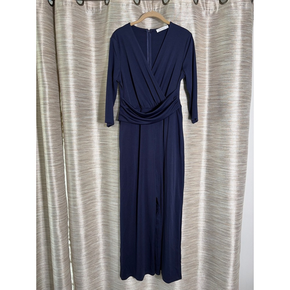 Jasambac Womens Navy Blue V Neck Pleated Waist Wide Leg Jumpsuit Size M 1049